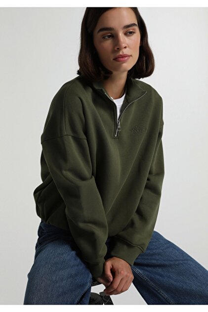 Regular Fit Zippered Embroidered Women's Green Sweatshirt