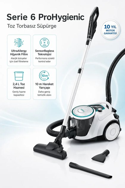 Serie 6 Hygienic 700 W Hijyenik Toz Torbasız Elektrikli Süpürge - H13 Filtre, 2,4 L Kolay