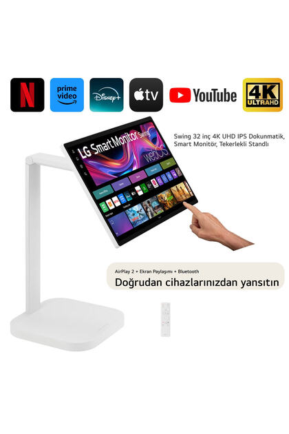 32 inç 4K UHD IPS dokunmatik akıllı monitör TV, 60Hz yenileme, USB-C bağlantı ve tekerlekli stand, H