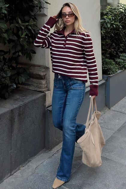 Burgundy Rab Striped Buttoned Polo Collar Wool Women's Knitwear Sweater