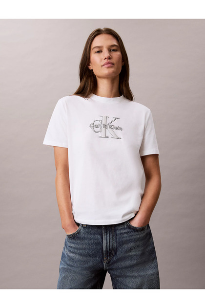Kadın Normal Kalıp CK Logo Baskılı Yuvarlak Yakalı Kısa Kollu Beyaz T-Shirt