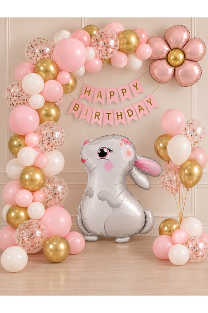 Party Rabbit Birthday Balloon Set | Pink Gold Daisy Foil Balloon | Happy Birthday Banner | 38 Pieces