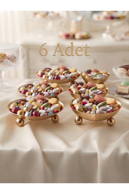 Luxury Stainless Steel Snack Bowl with Pedestal, Turkish Delight Bowl, Coffee Side Serving Plate - Multi-Purpose Serving Dish, Gold 6-Piece