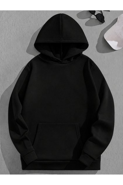 Unisex Koyu Siyah Düz Renk Kapüşonlu Sweatshirt