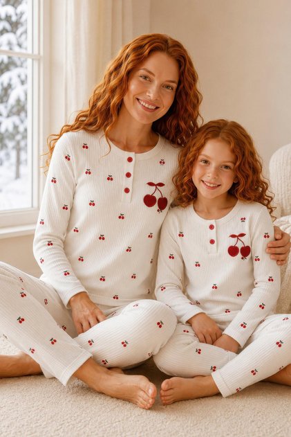 Women's Ecru Cherry Patterned Front Buttoned Mother-Daughter Combination Camisole Fabric Seasonal Pajama Set