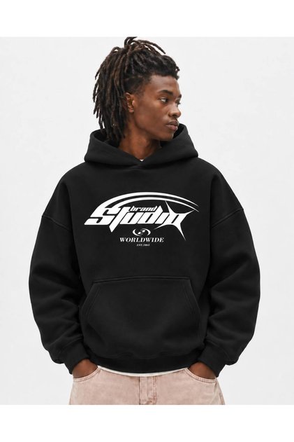 Erkek Sweatshirt 3 İplik Grafik Yazı Baskılı Kapüşonlu Kanguru Cepli Oversize Hoodie