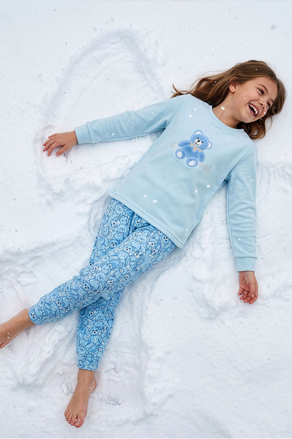 Kız Genç Ve Çocuk Mavi Ayıcık Desenli Uzun Kollu Termal Kumaş Kışlık Sıcak Tutan Pijama Takımı