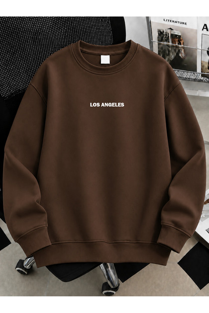 Unisex Erkek/Kadın YENİ LOSANGELES Detaylı Özel Baskılı Renkli Oversize Bisiklet Yaka Pamuklu Sweatshirt
