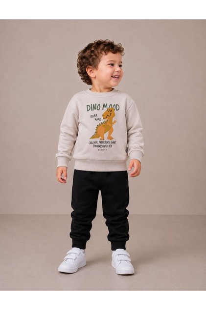 Simit Yaka Dino Printed Sweatshirt/Elastic Waist Sweatpants 3-Strap Set