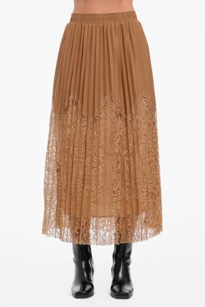 Women's Pleated Detailed Design Long Skirt with Elastic Waist and Lining