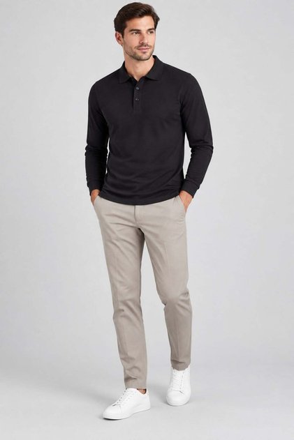 Unc0132 Polo Collar Tshirt Long Sleeves, Buttoned, Cotton Pique Lycra