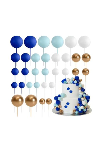 Set de 32 de bile decorative nealimentare pentru tort, albastre, albe, aurii, PPQT8699