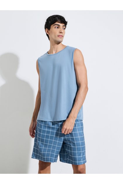 Blue Solid Tank Top and Checked Shorts Pyjama Set