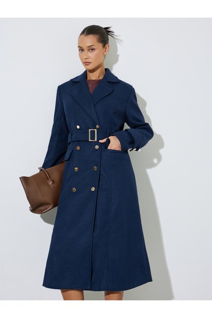 Navy Blue Double Breasted Knee Length Coat