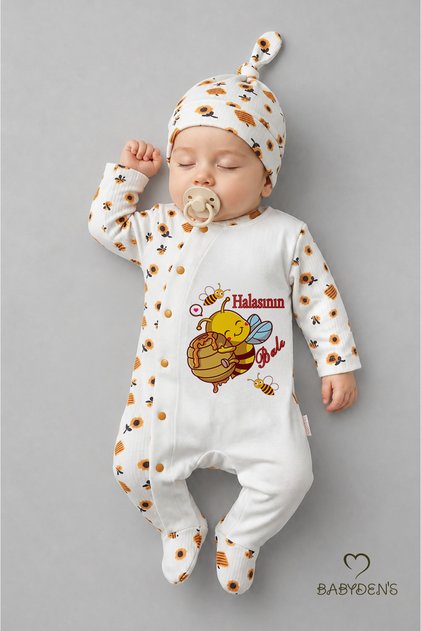 Aunt's Honey Written Newborn Baby Romper Hat Set Bee Patterned 100% Cotton Snap Fastener Baby Romper