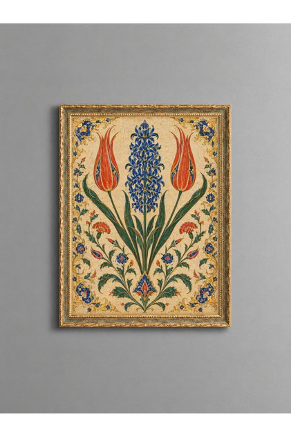 Sümbül ve Lale – Osmanlı Lale Motifi Vintage Altın Çerçeve Görünümlü MDF Tablo