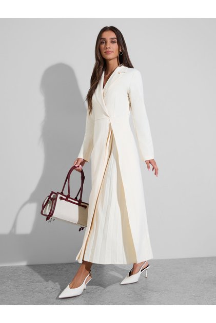 Cream Solid Collared Blazer Maxi Dress with Pleated Details