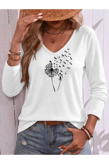Women's Cotton Feather Printed Long Sleeve V-Neck Full-Fit T-Shirt Blouse