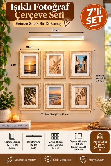 7'li Işıklı Fotoğraf Çerçeve Seti - 6 Adet 10x15 cm Ahşap Çerçeve + 30 cm LED Aplik Aydınlatma Duvar Dekoru