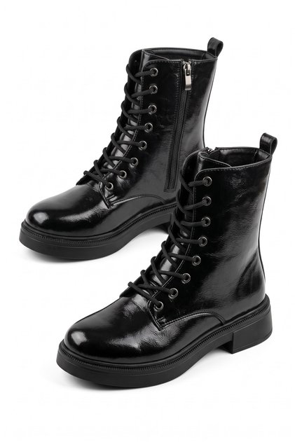 Women's Black Patent Leather Lace-Up and Zippered Boots Yoru