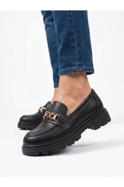 Black Chain Detailed Thick Soled Women's Loafer Shoes