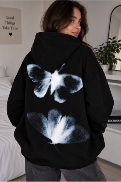 Women'S/Unisex Colorful Printed Black Hooded Sweatshirt & Hoodie