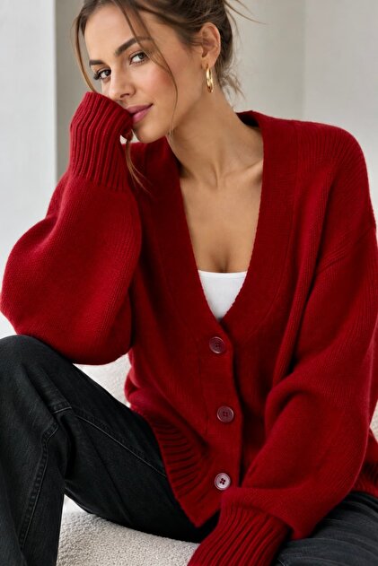 Oversize V Yaka Düğmeli Yumuşak Dokulu Kadın Triko Hırka MY3535