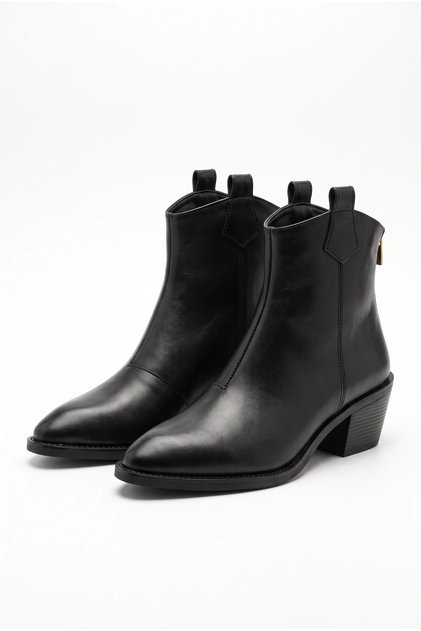 Women's Pointed Toe Block Heeled Zippered Cowboy Western Ankle Boots - Lavia - Black Epson