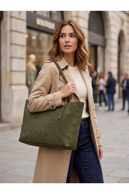 Women's Khaki Color Suede Shoulder Bag Stylish Design Daily Use Large Size Zippered Tote Bag