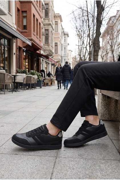 Daily Comfortable Fit Lace-Up Men's Black Sneaker Calıban