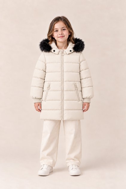 Girl's Fur Detailed Hooded Long Winter Puffer Coat - Cream