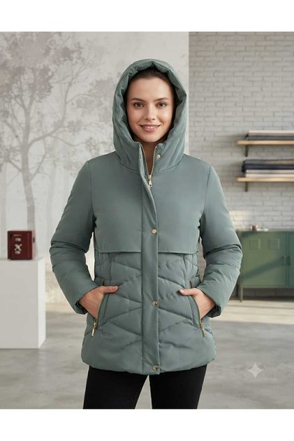 Women's Short Nova Fabric Lining Zippered Inflatable Coat with Hat