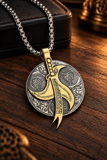 Hz Ali Zulfiqar Sword - Ayetel Kürsi - Nas - Felak - İnşirah Surah Engraved Rotating Men's Necklace