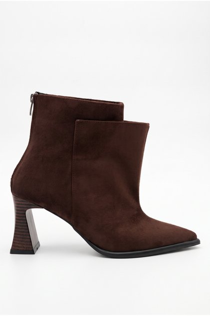 Women's Brown Suede Design Pointed Toe Back Zipper Pocket Detailed Kangaroo Boots