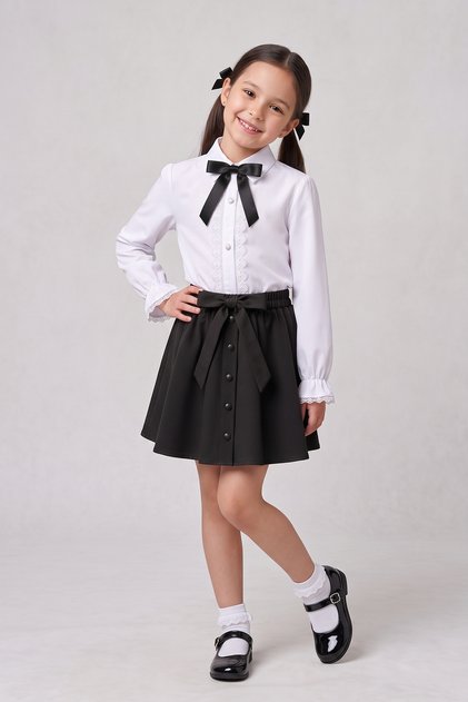 Girls' Black Bow Lace White Long Sleeve Shirt Black Bow Beaded Skirt April 23 October 29 Show Outfit