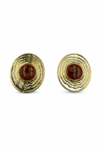 Stylish Bijouterie Earrings Pair with Brown Enamel Detail and Yellow-Toned Wavy Texture