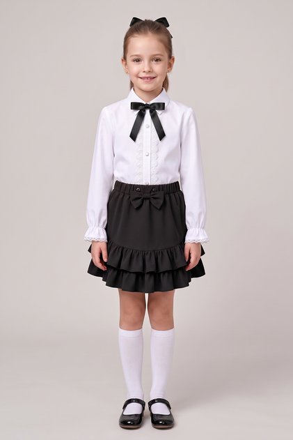 Girls' Black Bow Lace White Long Sleeve Shirt Black Bow Double Ruffle Skirt October 29 April 23 Show Outfits