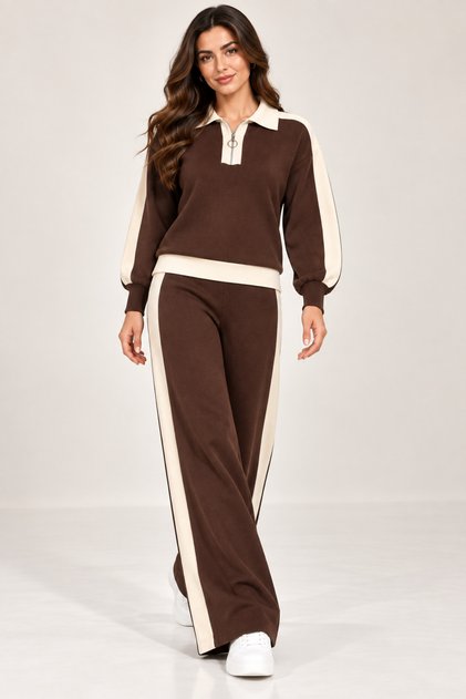 Women's Stylish Stripe Detailed Half Zipper Collared Knitwear 2-Piece Set Wide Leg
