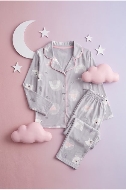 Kız Çocuk Pijama Takımı Gömlek Yaka Düğmeli Kutup Ayısı Figürlü Yumuşak Dokulu 2 İplik Kumaş