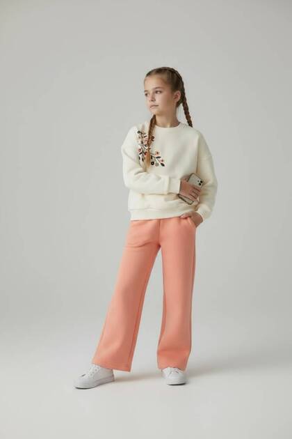 Girl's floral embroidered tracksuit set, 3-thread cotton top and bottom set, ages 3-7
