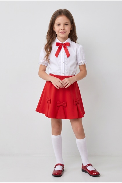 Girls' Red Bow Lace White Short Sleeve Shirt Red Ribbon Skirt April 23 October 29 Show Outfit