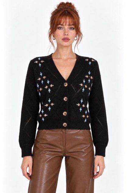 Black V-Neck Floral Embroidered Knitwear Cardigan