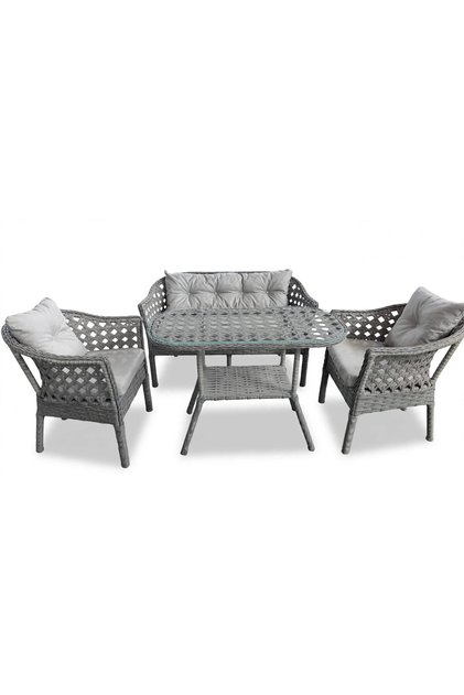 Mini Çay Seti 4 Kişilik Gri Kuş Yuvası Örgü Rattan Balkon Takımı Masalı 2+1+1 Bahçe Teras Veranda Oturma Grubu