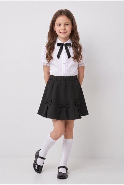 Girls' Black Bow Lace White Short Sleeve Shirt Black Ribbon Skirt April 23 October 29 Show Outfit