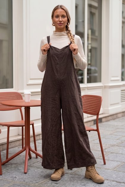 Brown Strappy Tie-Up Double Pocket Washable Wide Leg Casual Loose Woven Jumpsuit 140 55