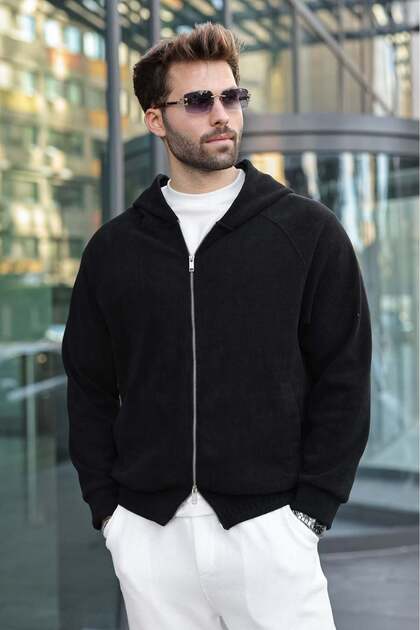 Black Hooded Double Zipper Velvet Men's Cardigan E7195
