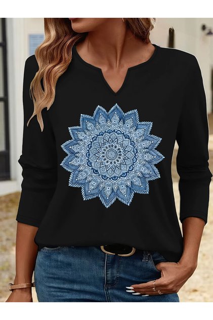 Mandala Printed Cotton Lycra V-Neck Long Sleeve Blouse T-Shirt