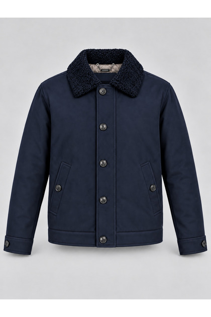 Men's Fur Collar Quilted Coat Jacket Navy Blue 4322Dngr