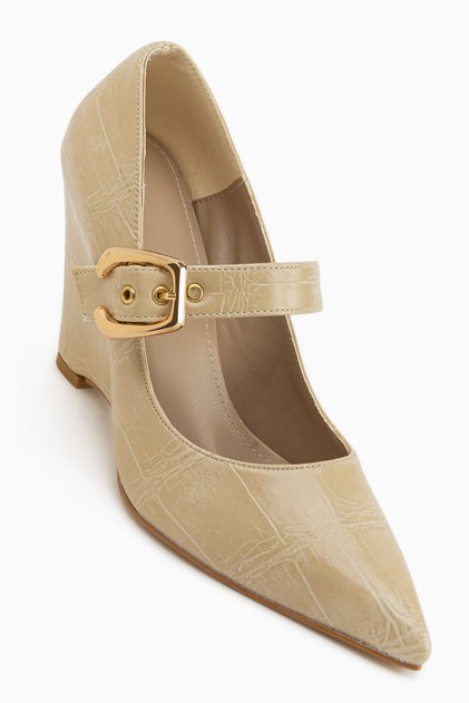 Jody Beige Buckle Detailed Pointed Toe Women's Heeled Shoes