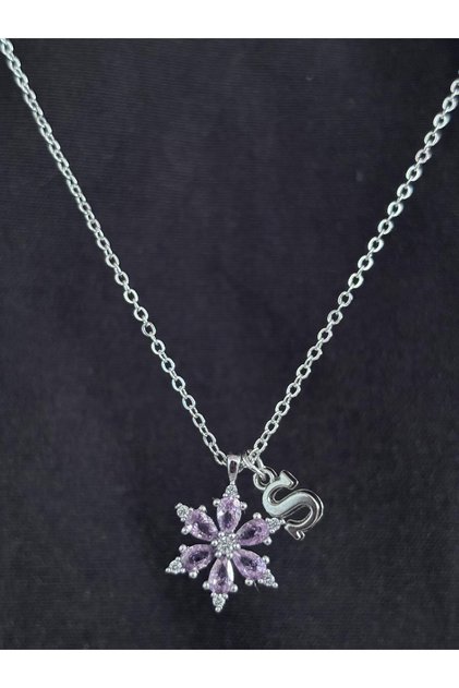 Pink Zircon Stone Lotus Flower S Letter Women's Steel Necklace